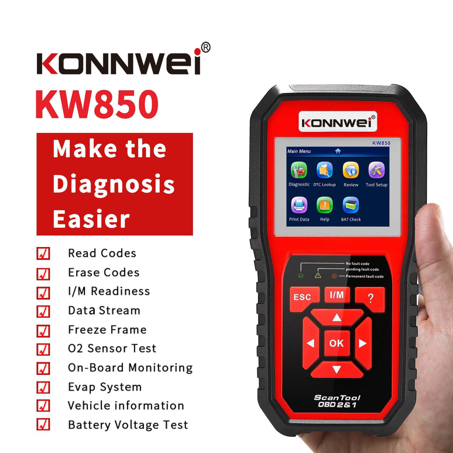Escáner KW850 OBD2 + Probador de cargador de batería de coche KW510