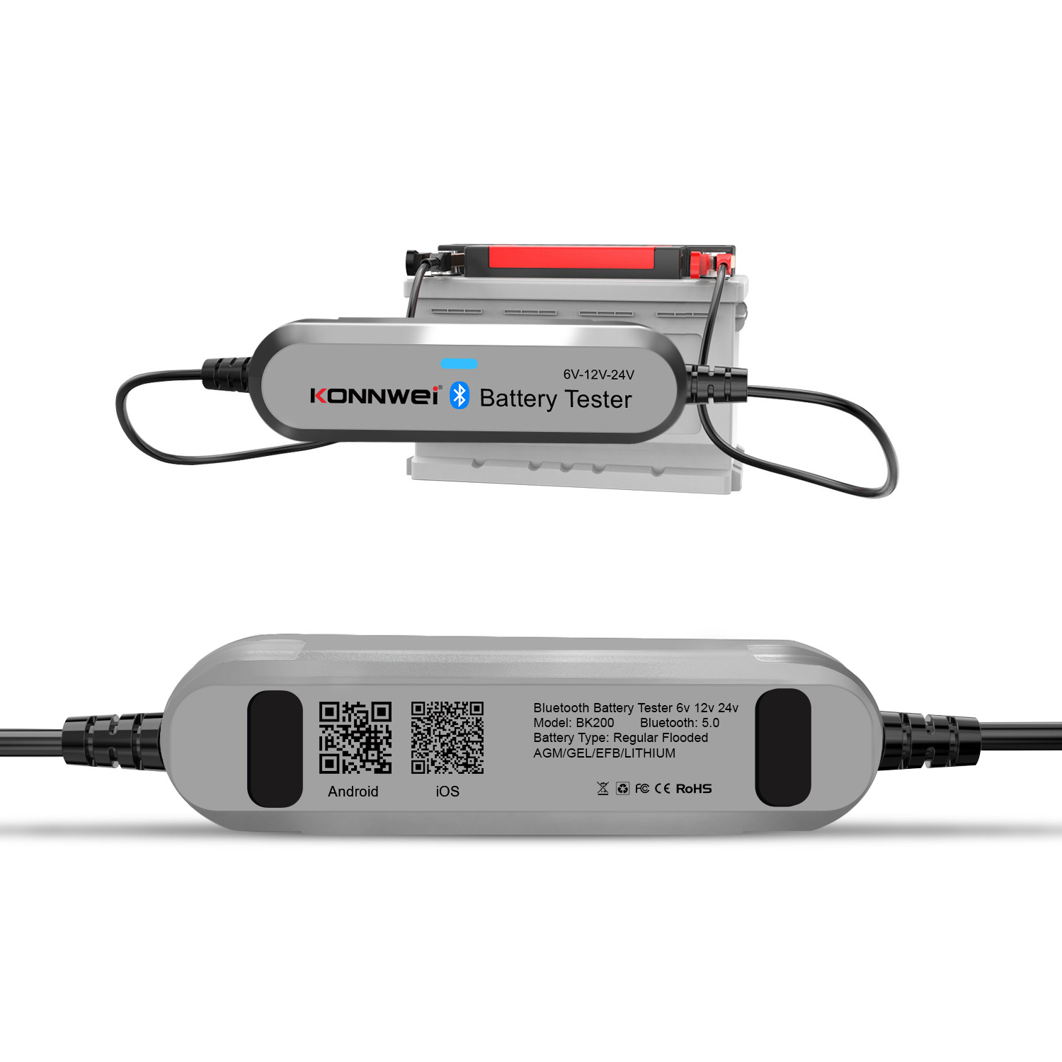 Bluetooth Batterietester für Auto, Motorrad und LKW KONNWEI BK200  6V/12V/24V